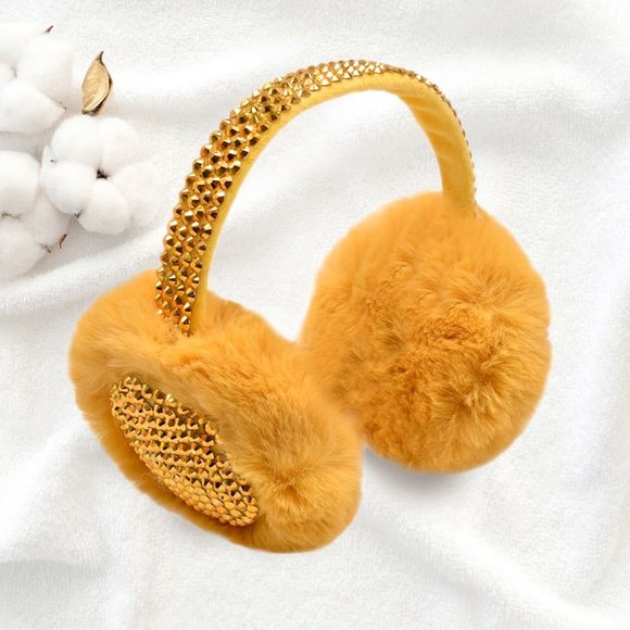 STUDDED FLUFFY PLUSH FAUX FUR FOLDABLE EARMUFFS, COZY EAR WARMER - Picture 7 of 8